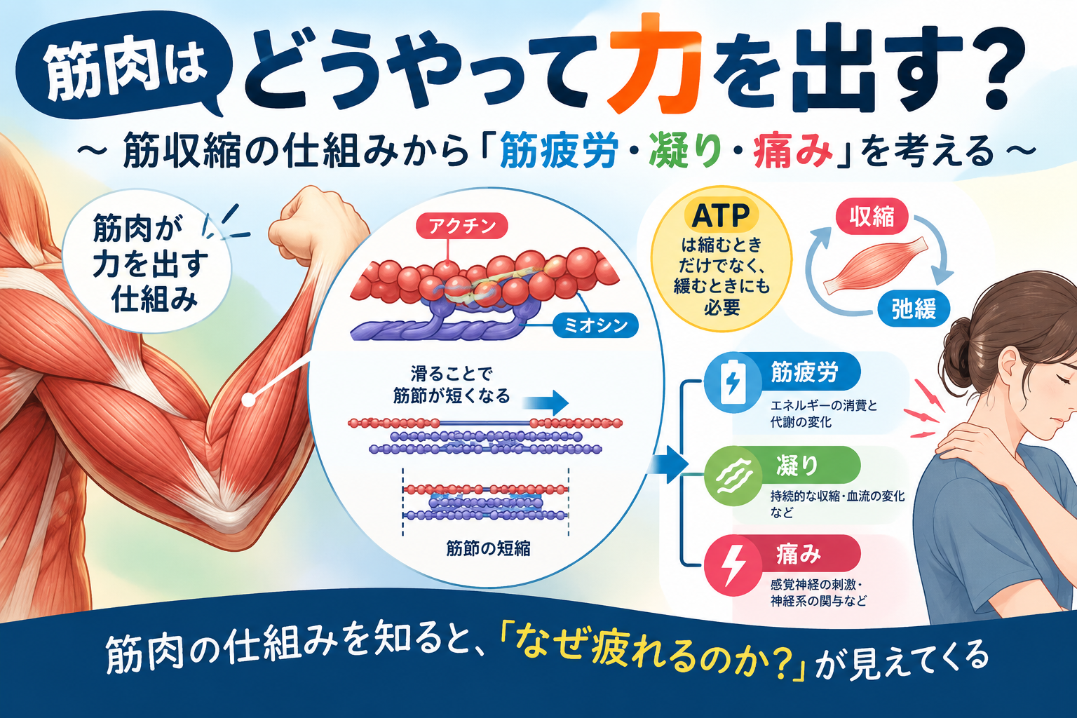 筋肉はどうやって力を出す?「縮む」だけじゃない筋収縮と凝り・痛みの仕組み